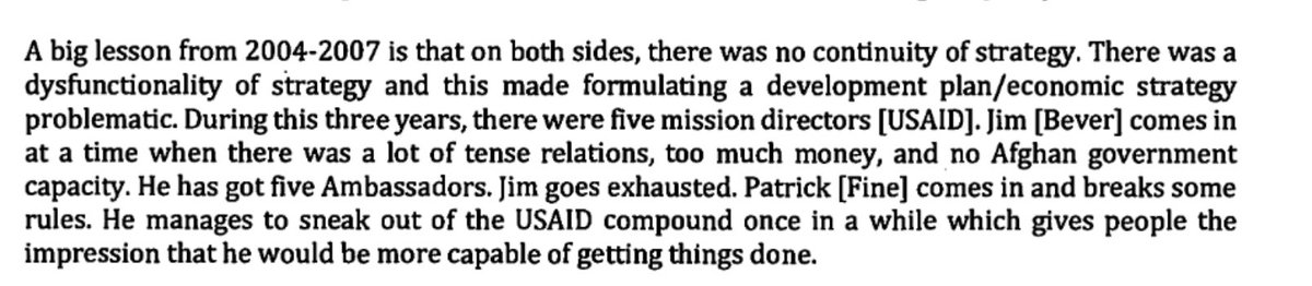 USAID had three mission directors in five years, no continuity in how the occupation was run. 157/n  https://www.washingtonpost.com/graphics/2019/investigations/afghanistan-papers/documents-database/?document=obrien_paul_ll_05_e6_02032016