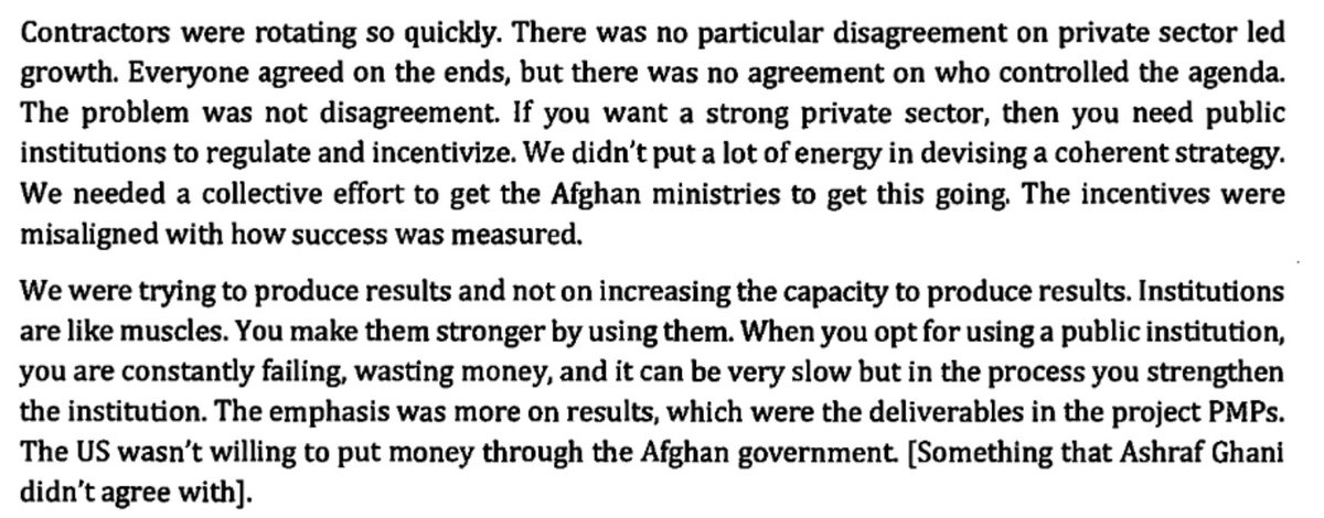 US did not trust Afghans with the money, instead spending it through USAID. Could have led to corruption, but considering the widespread agreement that there was massive corruption anyway, wouldn't the Afghans been in best position to prioritize where money should go? 158/n