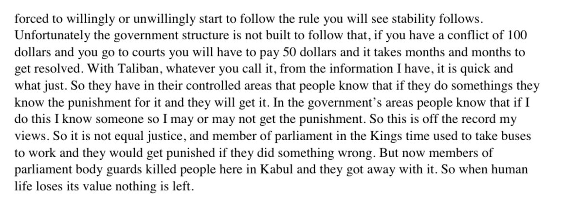 Another Afghan official says justice system has to come first and the Taliban does it better than the government. 159/n  https://www.washingtonpost.com/graphics/2019/investigations/afghanistan-papers/documents-database/?document=oryakheil_mahboobullah_ll_01072017