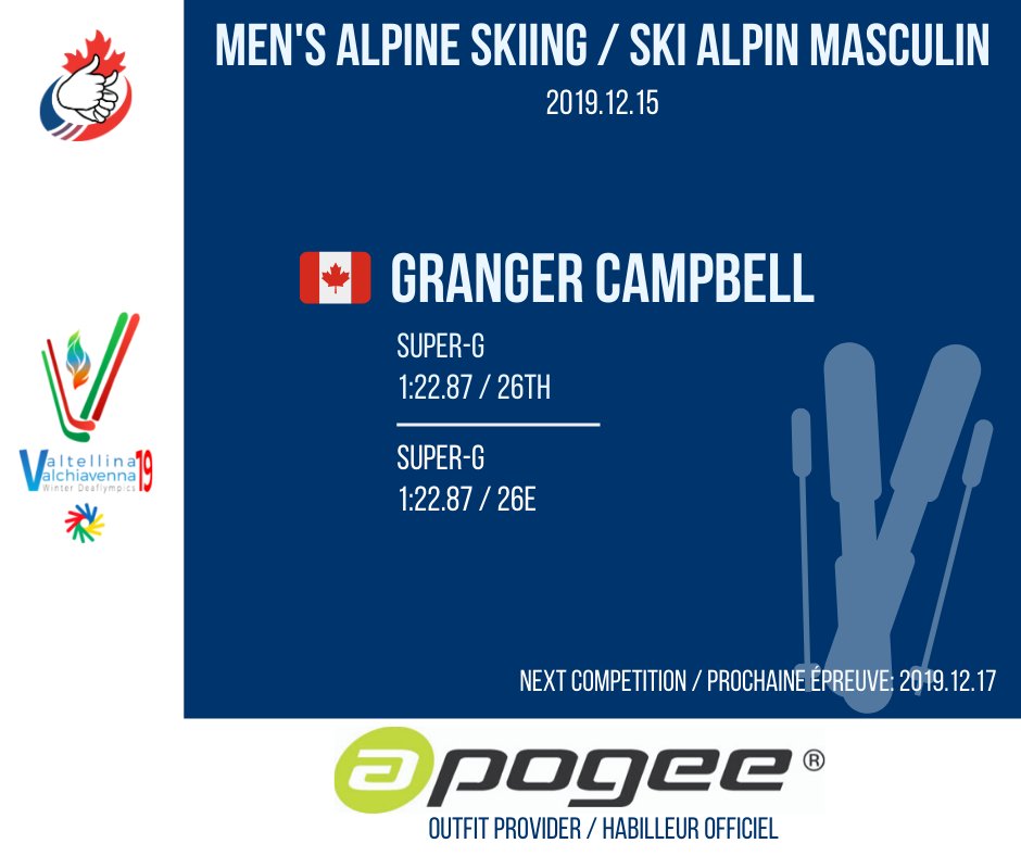 Another day ending for Team Canada skiers! ⛷

Special mention to Granger Campbell for his 1st competition at the Deaflympics! 🙌

Go 🇨🇦 Go!
.
.
.
#GoCanadaGo #Deaflympics2019 #CDSA2019 #VictoryAlwaysFelt #Sports #Deaf #TeamApogee #DeafTheNorth