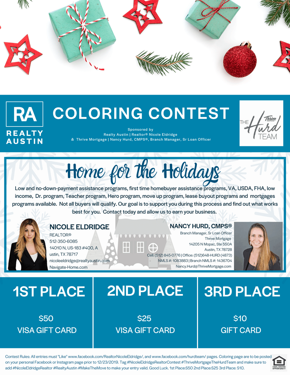 RealAustinHomes's tweet photo. Home for the Holiday Coloring Contest #NicoleEldridgeRealtorContest
Join in on the fun for a chance to win a $50 gift card. 

Thinking about buying? Wondering which program is best for you? 
Learn if you  ... https://t.co/UG7dF4Xeax https://t.co/PY7ZPQ5qWl https://t.co/H7AxImHJqM https://t.co/S1Hlz7VVZx