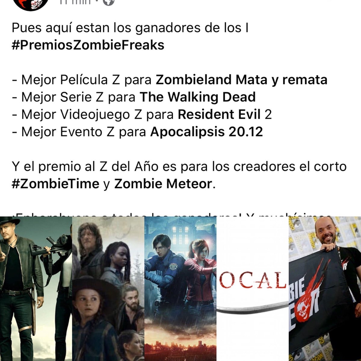 Definitivamente el 2019 ha sido un año muy especial para Apocalipsis 20.12 y el colofón es sentirnos premiados por Zombie Freaks como mejor evento zombie. ¡¡¡Muchísimas gracias a todos los que hacéis posible esta locura!! #apocalipsis2012 #zombieFreaks #zombies #juegosrol #miedo