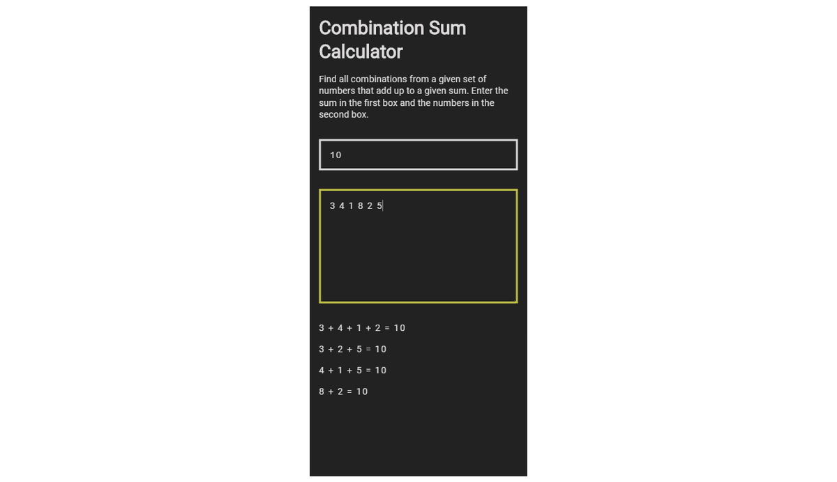 CStothart's tweet photo. Done with my latest coding project: A web-based combination sum calculator: https://t.co/imvdizDrxd https://t.co/mIRRQLiKtW