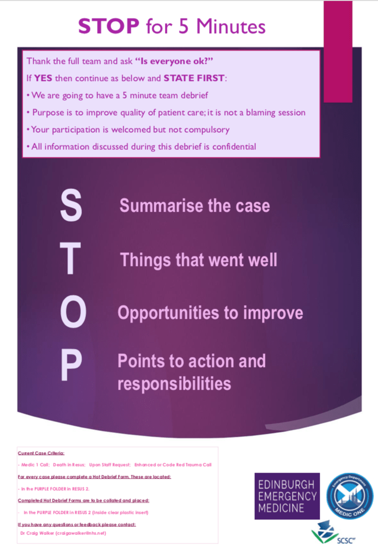 ResusTonight's tweet photo. No resus is complete without a hot debrief. 

My opinion is the person not directly involved in the resus is best to lead the discussion. It can be anyone that is familiar with hot debriefs. Here's a guide courtesy of @stemlyns:

https://t.co/p9Gd0pqWXz

#NurseTwitter #MedTwitter https://t.co/DrflBQC4xS