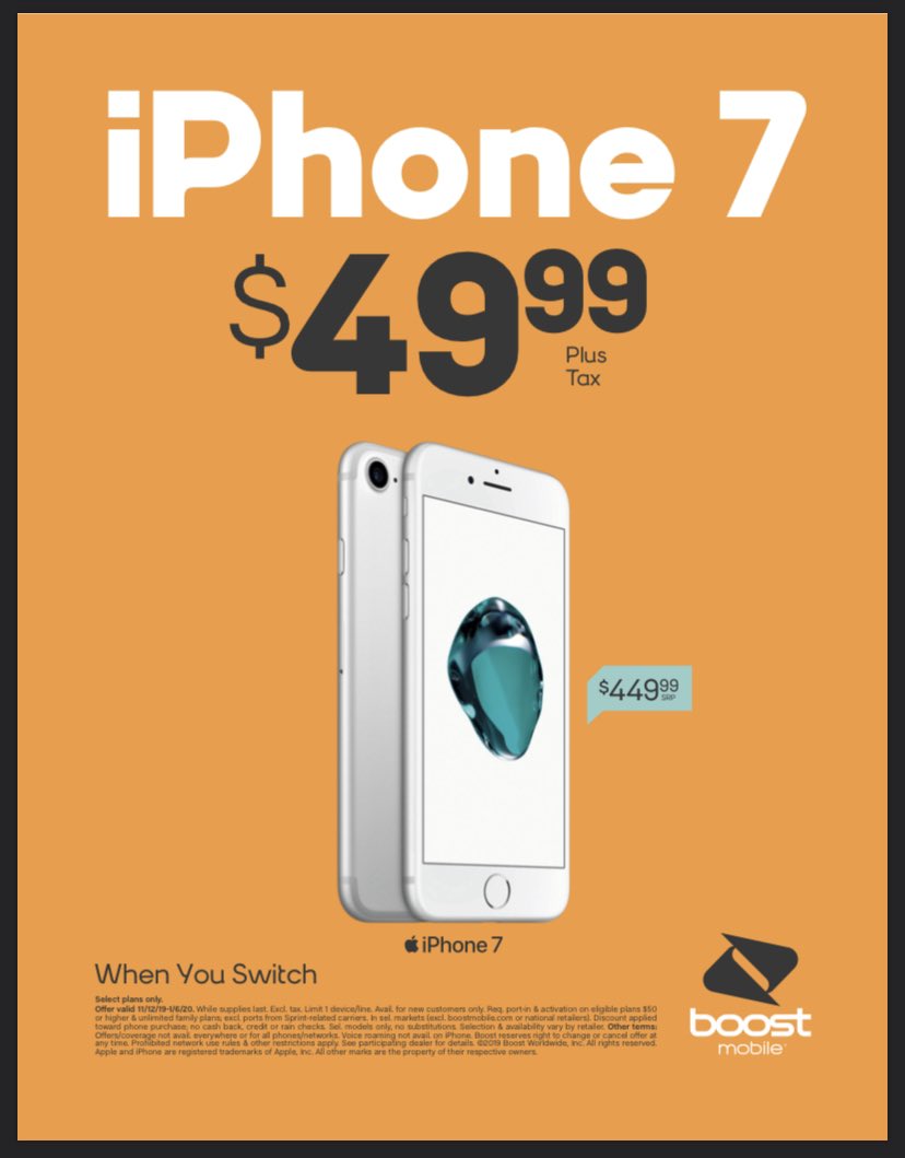 ewbyboostmobile's tweet photo. iPhone 7 has gone WAY DOWN to $49.99 when you switch! Take advantage of this sweet limited time deal and that’s while supplies last folks! $400 in SAVINGS! #bestvalueinwireless https://t.co/cwKgRls4kw