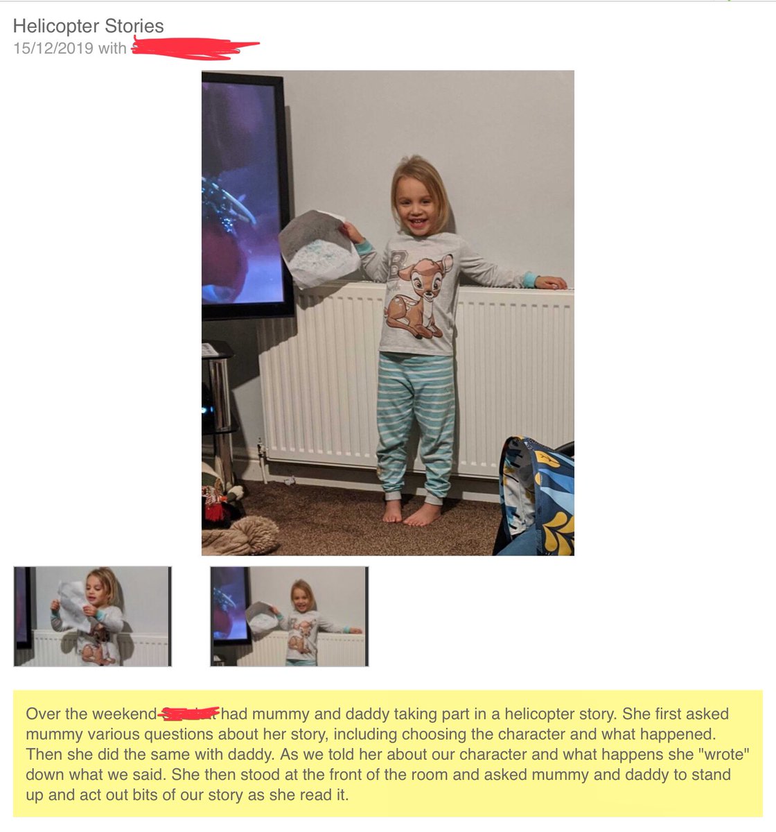 I adore this post on Tapestry by a parent... their 4 year old child implementing #HelicopterStories at home with her family!! How lovely to see the impact this is having! 😍@MakeBelieveArts <a href="/TrishaLeeWrites/">Trisha Lee</a> <a href="/HolcombeBrook/">Holcombe Brook PS</a> **Posted with parental permission. #storytelling