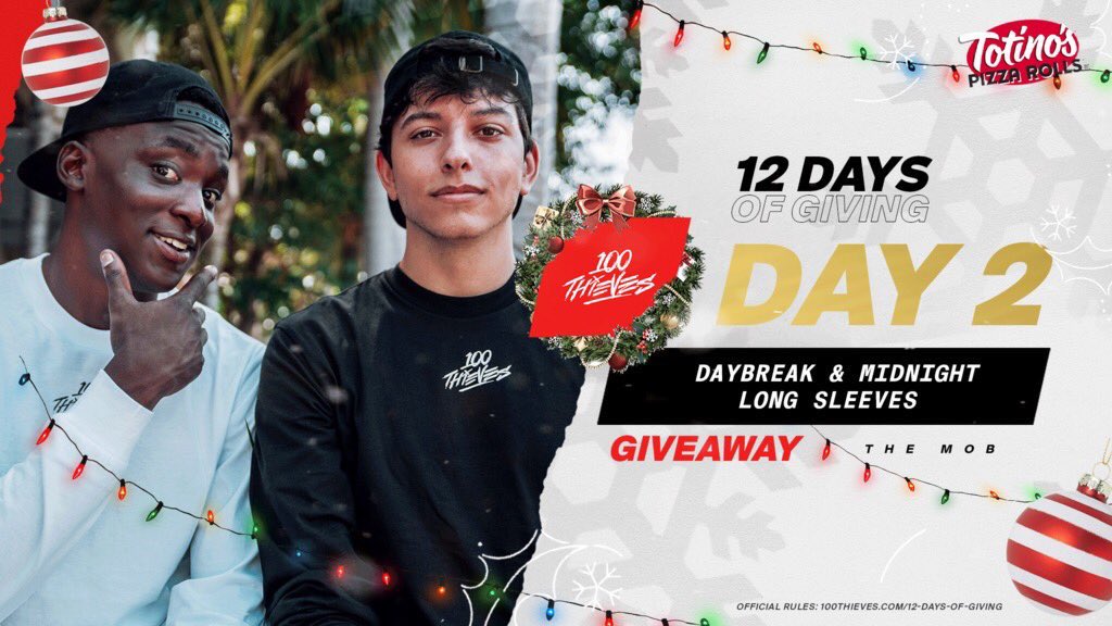 We’re giving away apparel for 100 Thieves 12 Days of Giving! 🎁 

For Day 2, we’re giving away a set of the daybreak/midnight long sleeves. 

TO ENTER:
✔️Follow <a href="/100Thieves/">100 Thieves</a> &amp; <a href="/TheMob/">The Mob</a> &amp; @Totinos
✔️RT this tweet
✔️Comment your size

Winner in 24 hrs! Happy holidays! #sweepstakes