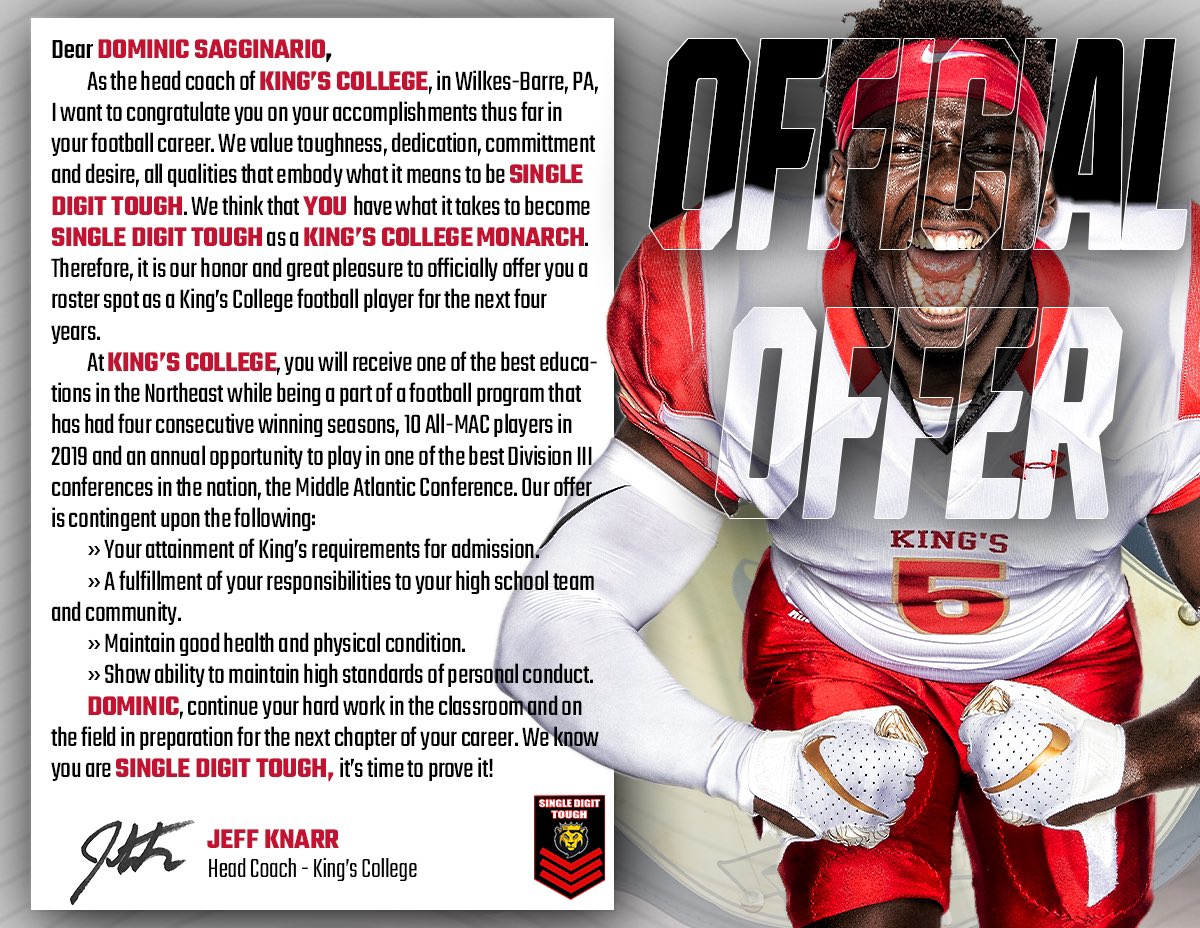DomSagg's tweet image. Blessed to receive an offer to play at Kings University, Thankful for this opportunity! @coachtrainello @KingsCollegeFB @jeff_knarr @CoachDops