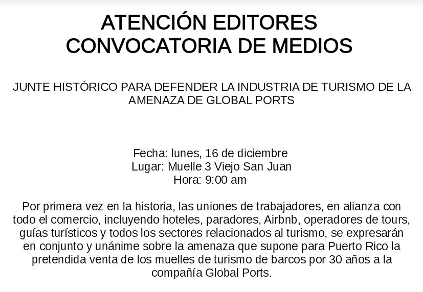 protgepr's tweet photo. JUNTE HISTÓRICO PARA DEFENDER LA INDUSTRIA DE TURISMO DE LA AMENAZA DE GLOBAL PORTS

Fecha: lunes, 16 de dic
Lugar: Muelle 3 VSJ
Hora: 9:00 am 

#alianzaturisticaporPuertoRico

@aixavaz @LuzNereidaWAPA @sylviavcamacho @ZugeyLamela @YeseniaTorresFi @marjramirez @CelimarAdames https://t.co/frUm7R9Q4X