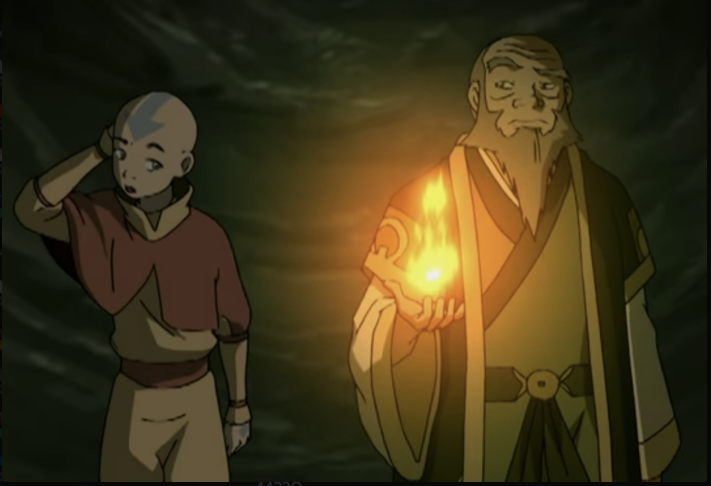 Aang and Iroh with fire.