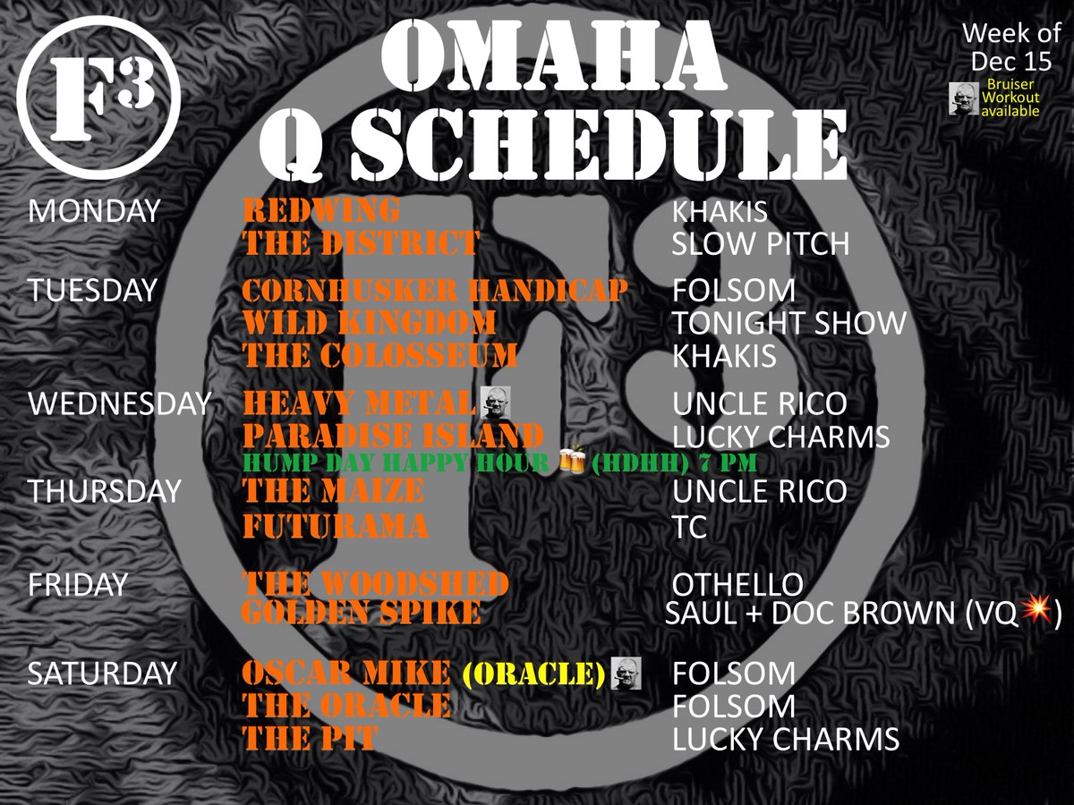 F3Omaha's tweet image. Schedule:
⚠️ VQ  💥Alert: Doc Brown at @F3Spike 
★   Khakis @JoePat1968  Anniversary Q at @ColosseumF3 

#SecondF Event - Tuesday Night 🏀#GoJays vs. Sooners T-Claps to Tater Tot @AdrianRRider 

👏🏽 T-claps to PAX volunteering for meal Splinter's Meal Plan 🌮🍔 launching Dec 19