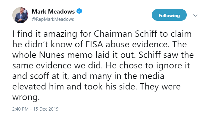 98) [KNOWINGLY] https://twitter.com/RepMarkMeadows/status/1206328154442387456