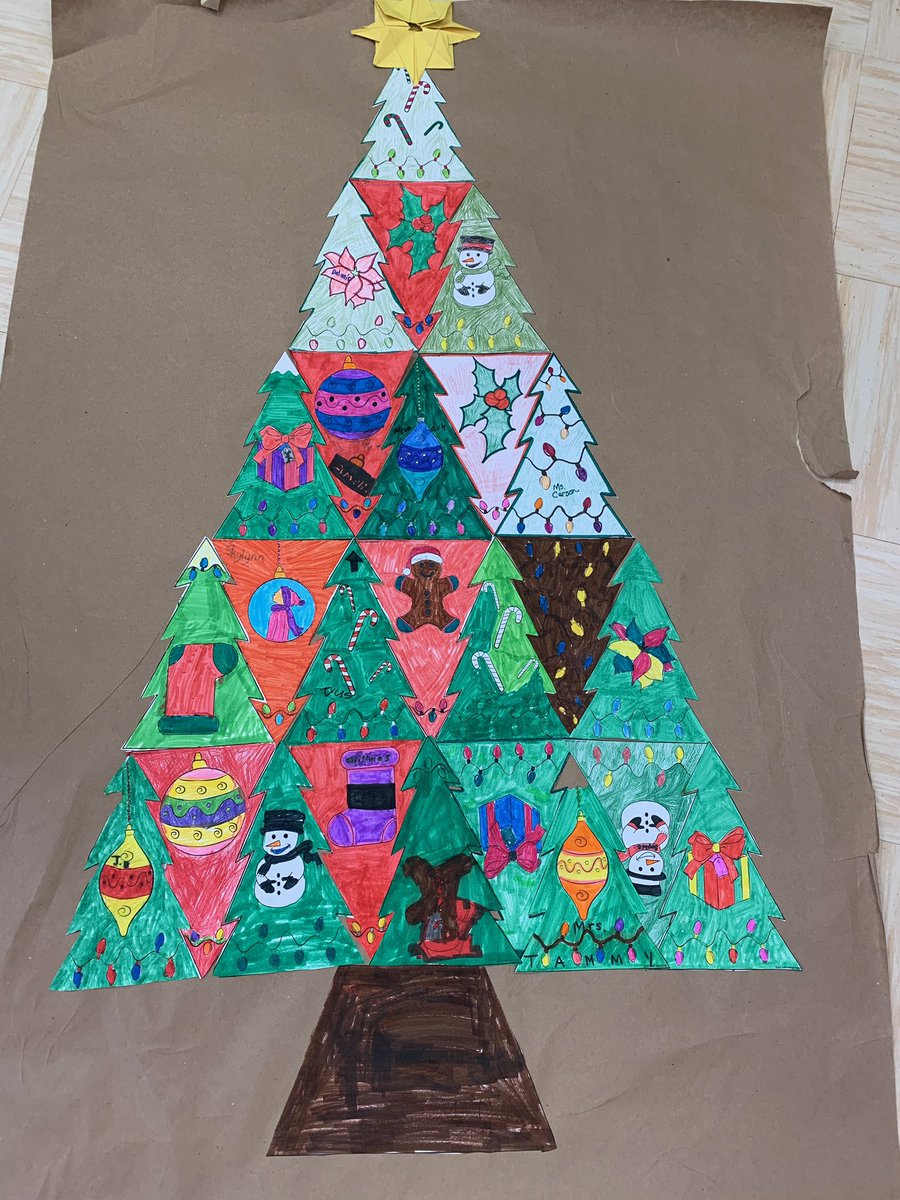 SDE_School's tweet photo. Students in grade 4/5 learned about tessellations in math and made a Tesselation Christmas tree. Thanks team and Jenny K. 
@artwithjennyk @CCRCE_NS @gingycarson1 
Notice the origami star!! https://t.co/8ACmzfvxD5