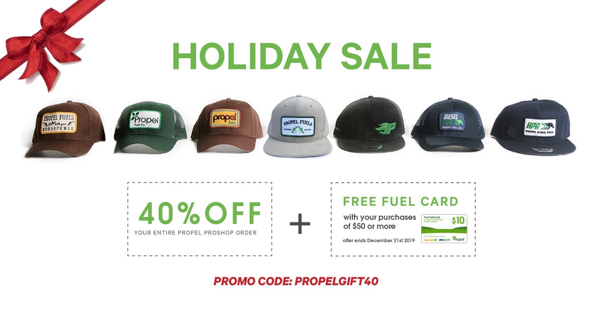 HiOctaneSociety's tweet photo. Thanks for filling up with our low-carbon fuels. Your Holiday gift from Propel. Take 40% off your favorite high performance gear all week long. Orders $50+, receive a free fuel card. All items ship free. Deal ends 12/21. Promo code: PropelGift40. https://t.co/XcrS2A4kkI https://t.co/1JW4oAd6VT