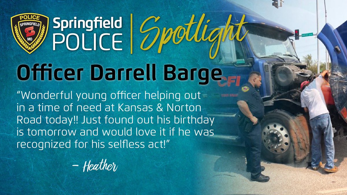 SGFPolice's tweet photo. ⭐️SUNDAY SPOTLIGHT⭐️ 
We’re proud of you, Officer Barge and we appreciate all the times you go out of your way to be an awesome representative of what an SPD Officer should be! Keep up the good work! 
#SUNDAYSPOTLIGHT #SGFPolice https://t.co/M8cOida6aS