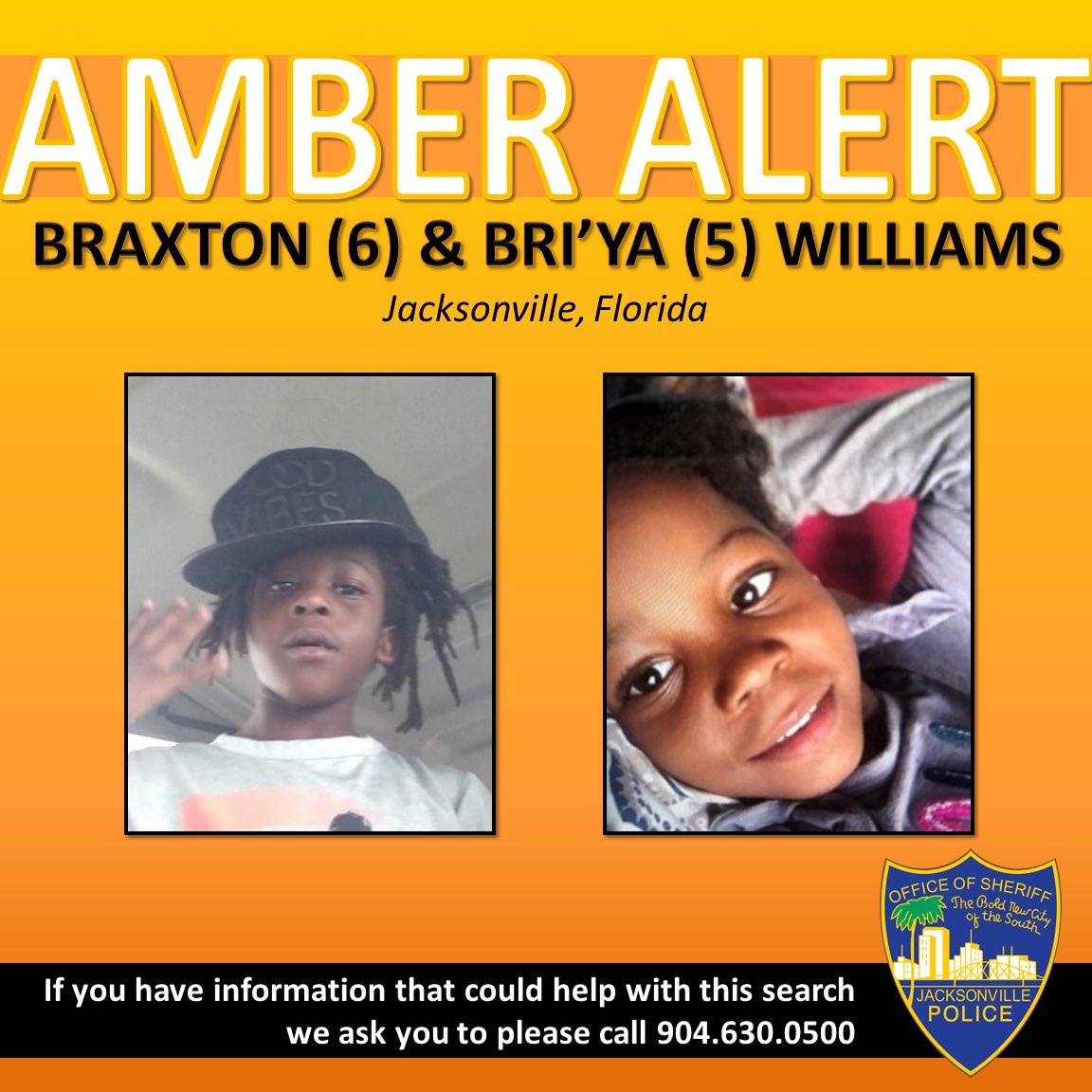 JSOPIO's tweet photo. ⚠️AMBER ALERT⚠️

Braxton and Bri’ya Williams were last seen in the area of 10200 Beaver Street in Jacksonville, FL.

Please continue to share their photos and call 904-630-0500 with any information. https://t.co/R9xjevPRAw