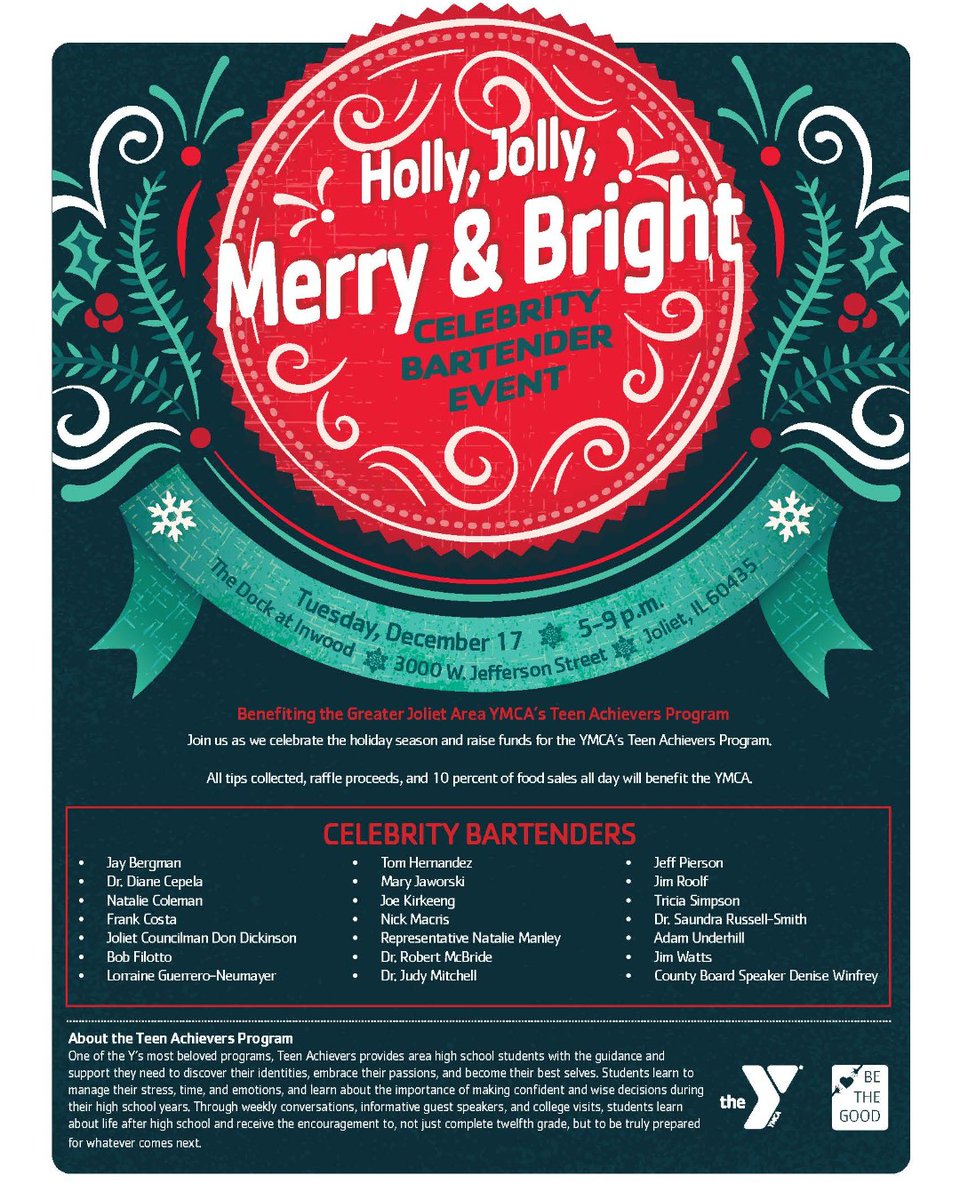jolietchamber's tweet photo. Join the YMCA at their Holly, Jolly, Merry &amp; Bright Celebrity Event on Tuesday 12/17 from 5-9pm at The Dock at Inwood.  The Chambers own, Mary Jaworski, will be there to help serve you some holiday cheer!   Proceeds benefit the Greater Joliet Area YMCA's Teen Achievers Program. https://t.co/IHojscMzHH