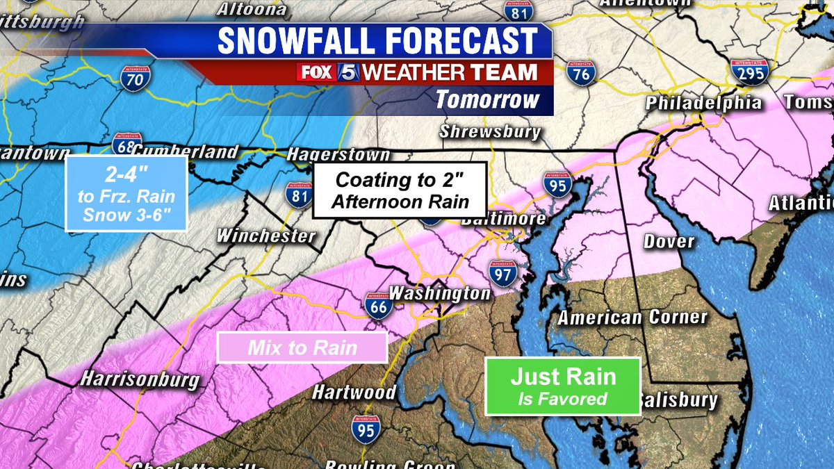Monday's Winter Weather DC &amp; Baltimore suburbs, Central &amp; SE Montgomery, Howard, Harford &amp; Eastern Loudoun &amp; Fairfax county - Be especially Alert potential hazardous morning commute. Snow/sleet mainly after 4am &amp; up to 1" snow. Stay w <a href="/Fox5DC/">FOX 5 DC</a> for continued updates