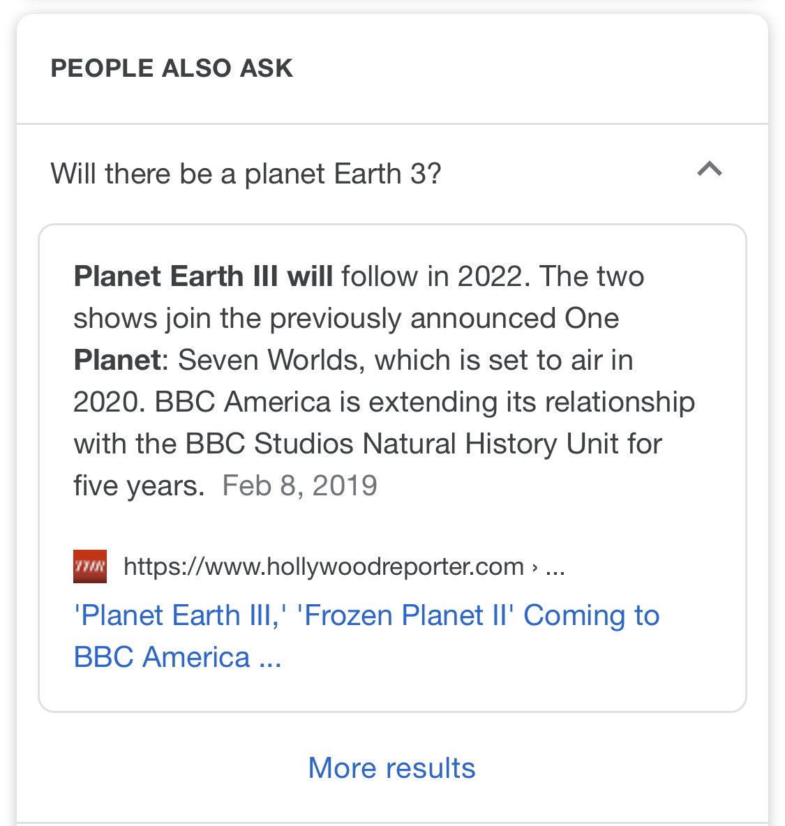 Planet Earth III will follow in 2022. The two shows join the previously announced One Planet: Seven Worlds, which is set to air in 2020. BBC America is extending its relationship with the BBC Studios Natural History Unit for five years.