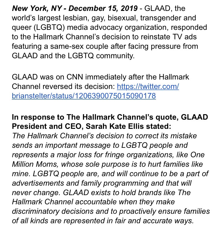 glaad's tweet photo. You spoke out and @hallmarkchannel listened. LGBTQ people deserve to see ourselves represented on all TV networks. Thank you to everyone who raised your voices. https://t.co/9R9NqwJESi