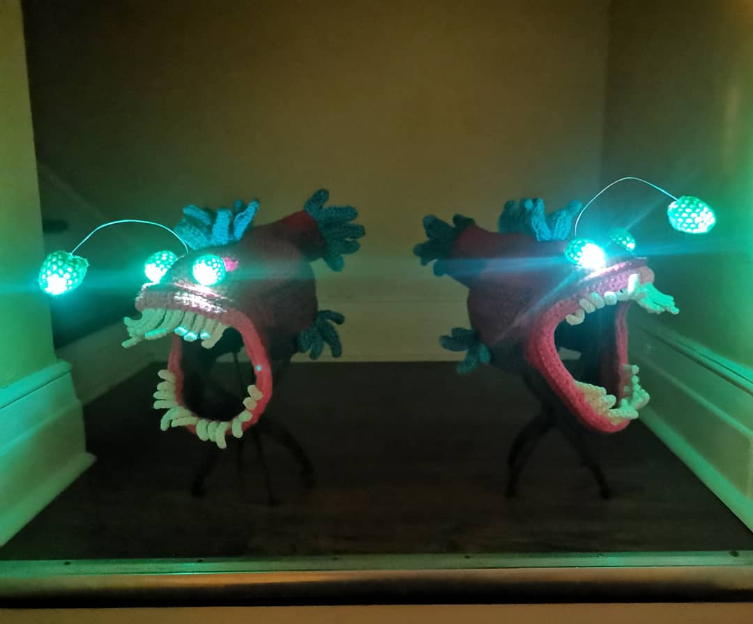 Mandi Clark on X: A friend requested two Angler Fish hats for her daughter  and niece. Here they are! LED lights for night fun! My cats Dean and Ripley  helped model. #crochet #
