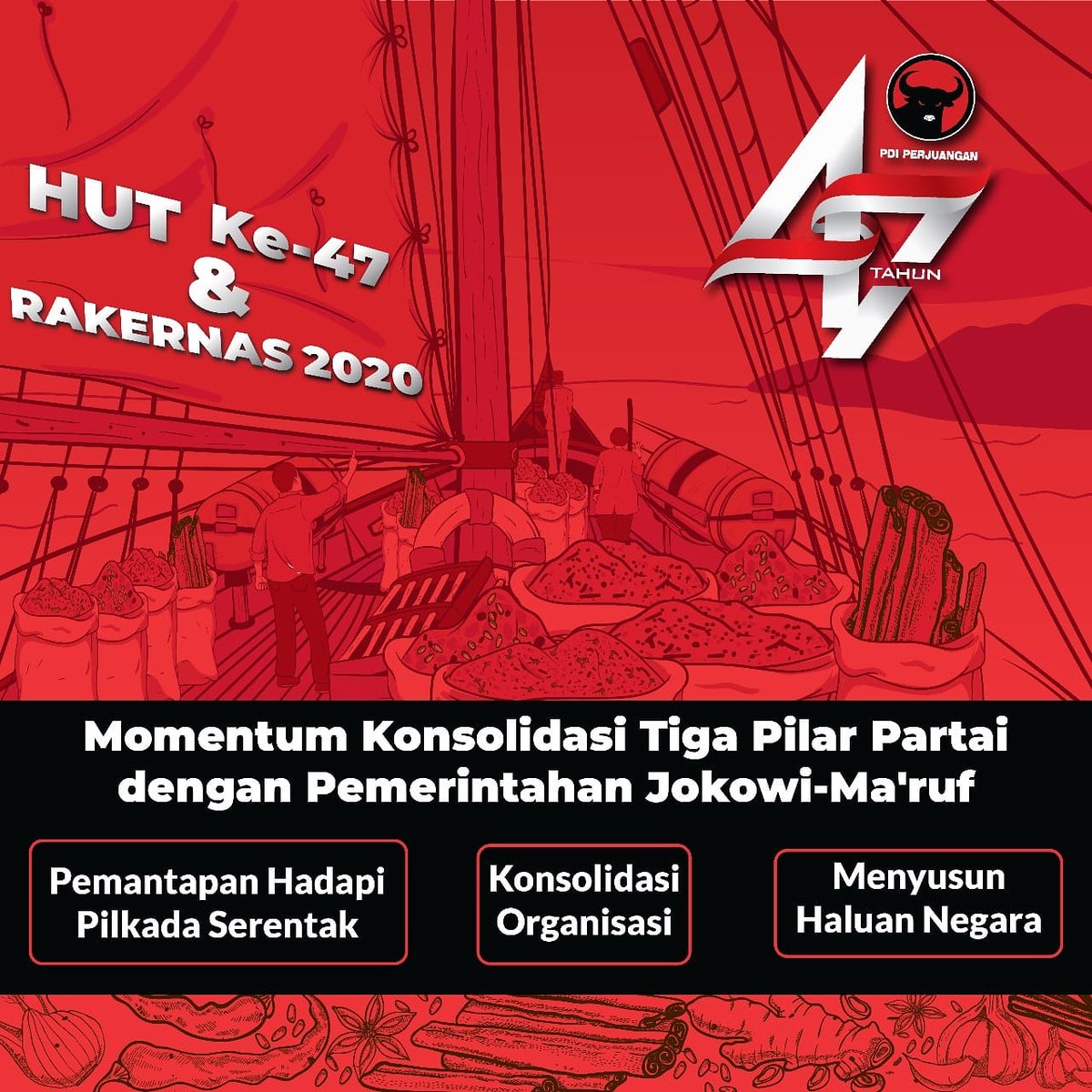 PemalangPdip's tweet photo. Partai pelopor adalah partai yang tertib organisasi, 
jelas ideologinya, 
jelas programnya.
Agar soliditas semakin kokoh, #PDIPerjuangan adakan Rakernas pertama tgl 10-12 Januari 2020.

#47TahunPDIPerjuangan https://t.co/B7DbTlTEdV