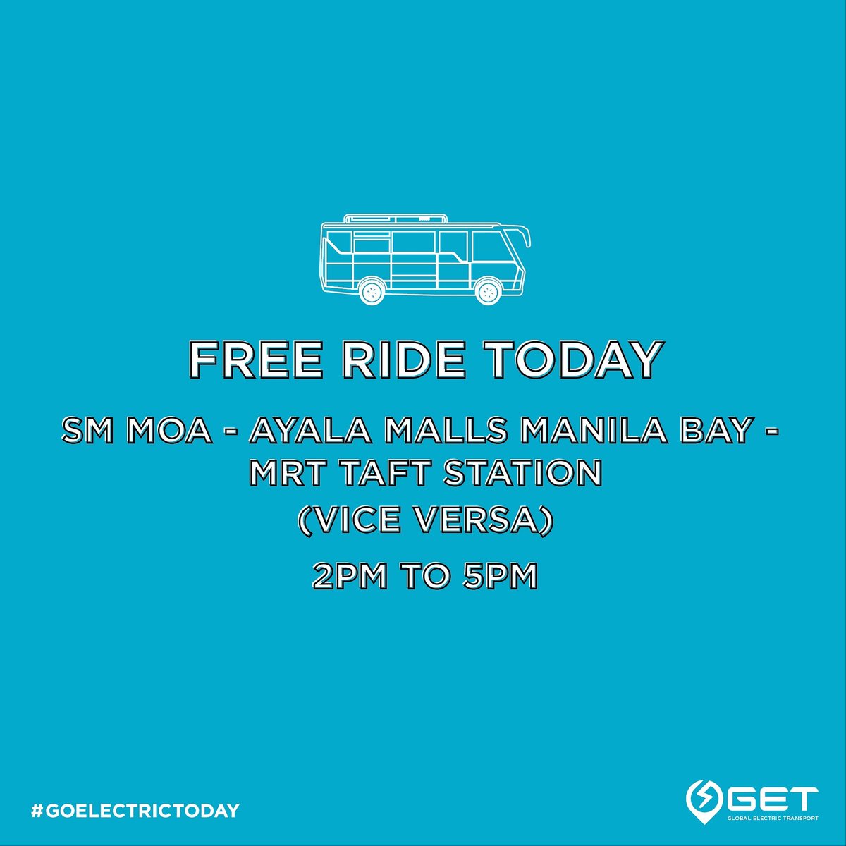 GET_COMET's tweet image. Just a few changes in our FREE RIDE! The COMET will be offering free rides today, December 16. Our route will be from SM MOA to Ayala Malls Manila Bay to MRT Taft station and vice versa from 2:00 PM to 5:00 PM. See you there! #GoElectricToday