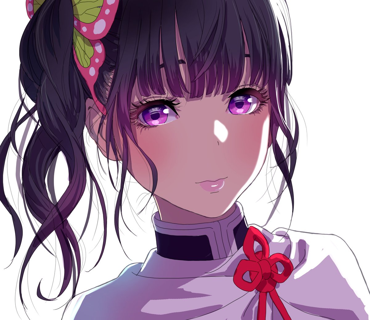 tsuyuri kanao 1girl solo side ponytail hair ornament white background demon slayer uniform purple eyes  illustration images