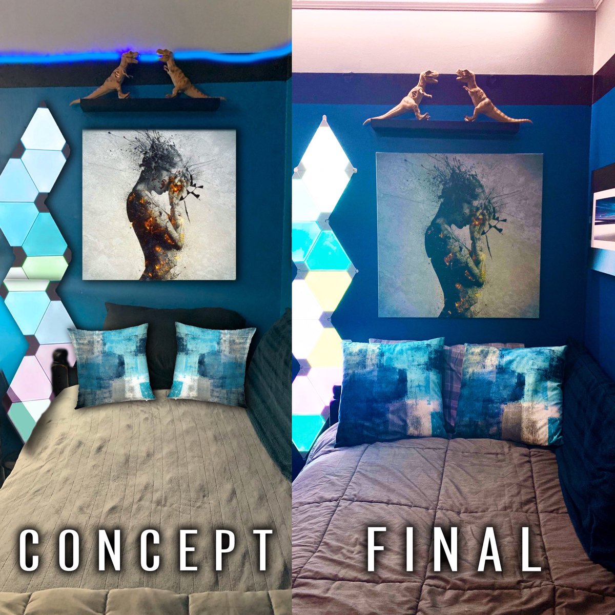 Brycenator100's tweet photo. Nailed It! My Photoshop on the left and the final product in real life on the right. My room is looking really nice! #RoomRedesign #Modern #Interior #Photoshop #FinalProduct #Futuristic https://t.co/O6rIgyxt2B