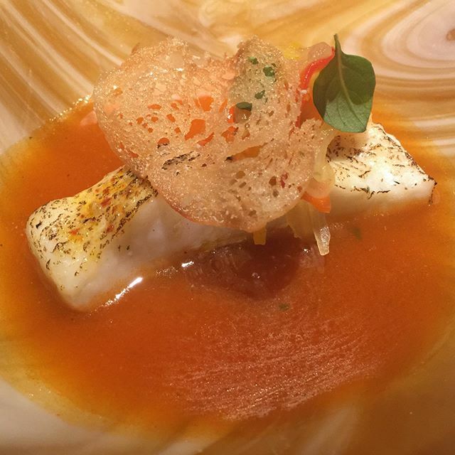 Fifth course @biancrestaurant - turbot/paprika confit/suquet - this kitchen really works nicely with different broths/sauces in many course. Here we had a spanish inspired seafood broth with nice piece of turbot #hamburg #restaurant #dinner #vacation #ge… ift.tt/34qi9fJ