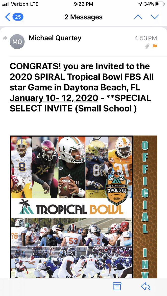QuintonMaxwell9's tweet photo. Blessed to receive an offer to play in the @TropicalBowlUSA in Daytona, Florida. The good lord has blessed me beyond imagining. Just a small town kid chasing a dream! https://t.co/Om9pAiDJrR