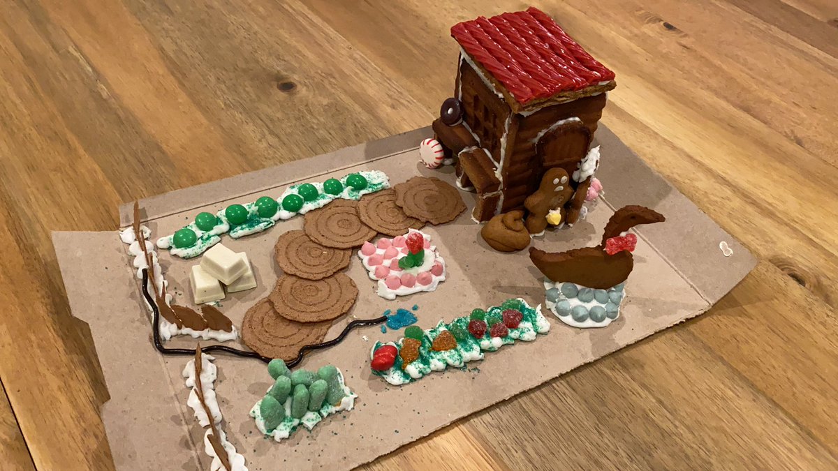 Gingerbread house made to represent the garden in the first level of The Untitled Goose Game