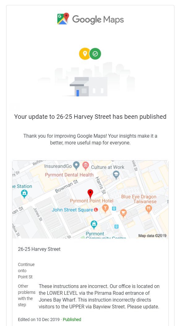 HouriganIntl's tweet photo. @googlemaps I’ve attached the “published” update again for your information. https://t.co/ufJ5tU0ep1