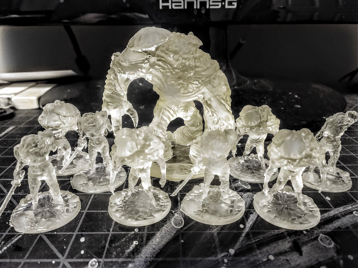 Resin miniatures from a 3d printer. Fungal zombies and a big hulking fungus monster