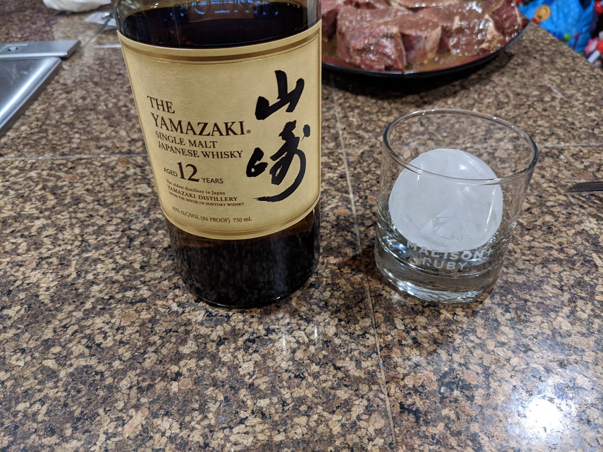 Yamazaki 12 and some steak alongside my Madison Ruby glass with an ice ball