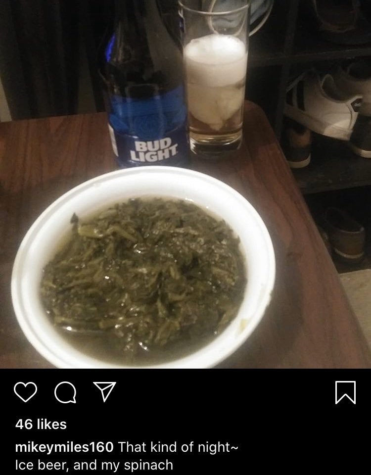 orinanne's tweet photo. Ice beer, and my spinach https://t.co/b5zGTlqDGY