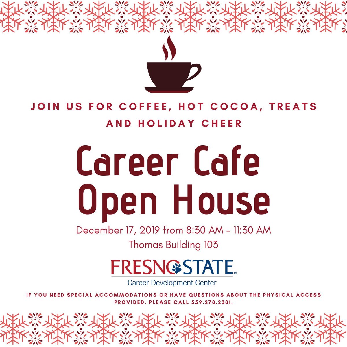 Finals week is here and so is the Career Café. 
Visit the Career Center on Tuesday for our Career Café Open House from 8:30-11:30 am. Enjoy free coffee ☕️, hot cocoa 🍫 and treats 🥯while you learn about our resources. Good luck on finals this week bulldogs! 🐶🐾 #FSCareers
