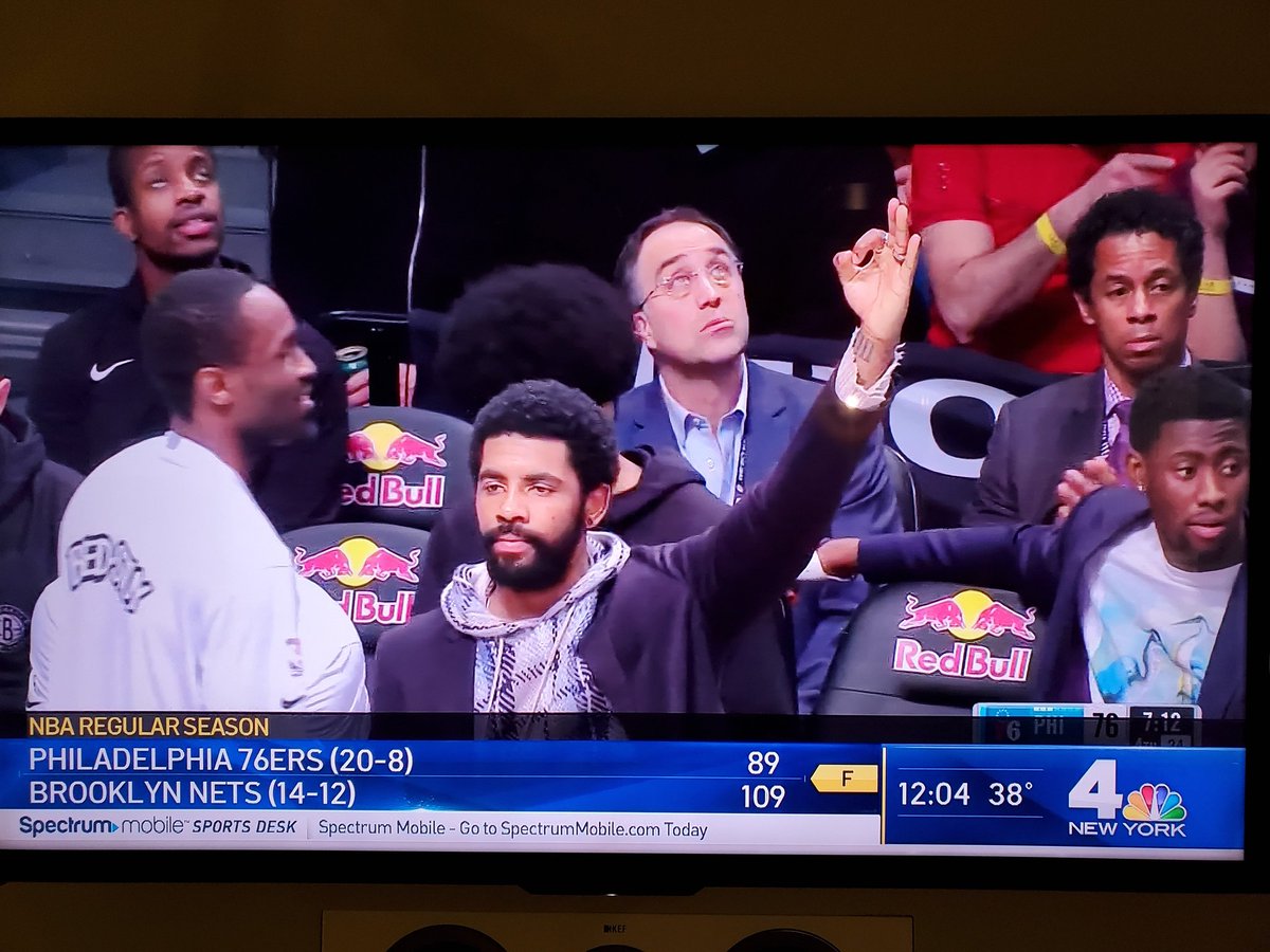 JoeOliver's tweet photo. @YonderLooky @KwikWarren @WestPoint_USMA I guess Kyrie Irving is getting in on the action too. He was throwing up the same sign during the Nets vs 76'ers game the next day! https://t.co/NV6hvGKieK
