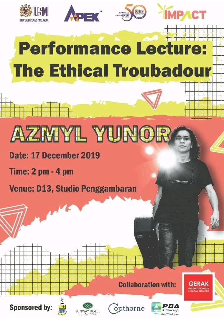 azmyl's tweet photo. #Penang Tues 17 Dec @ Fakulti Komunikasi, Universiti Sains Malaysia! 🤟🏼 #troubadour #lectureperformance #USM #AkuDanGitarLetrik #Tour @postagig @twt_gig @twt_seni @junklistMY @twt_muzik @OhMYMuzik @MalayaRoll @bawahtanahrasmi @kakiseni @Jenn_Thompson @JuiceMy @musicaddicts_my https://t.co/ilRlEzeSUm