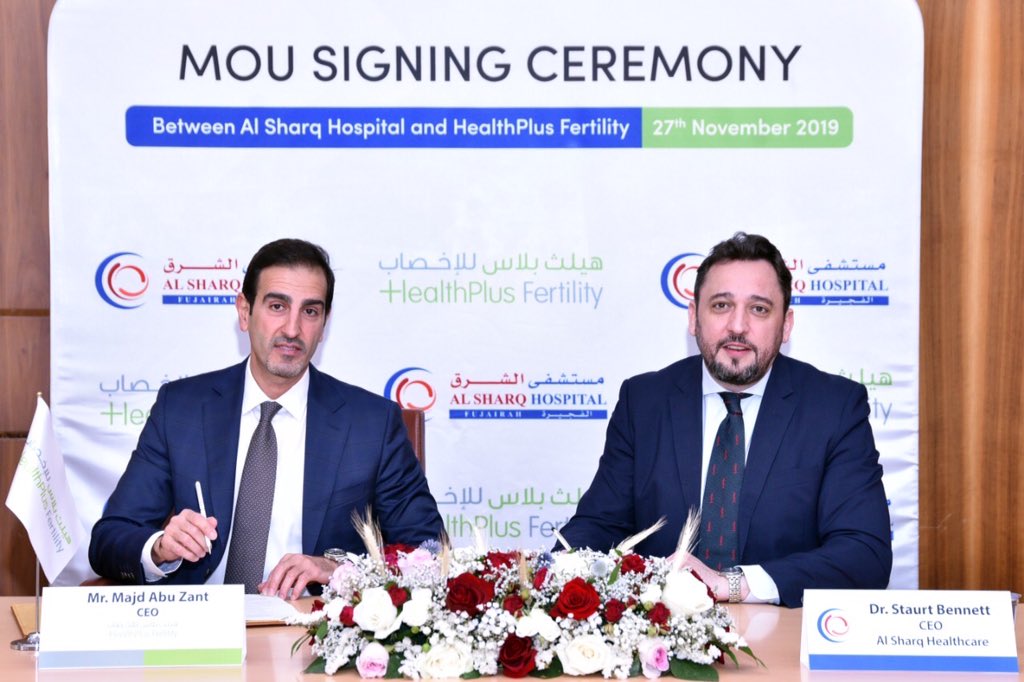 AlsharqHosp's tweet photo. Al Sharq Hospital signed a collaboration agreement with HealthPlus Fertility Center. Based on this agreement, Al Sharq’s Obstetrics &amp; Gynecology department will collaborate with HealthPlus Fertility Center for infertility testing and IVF procedures https://t.co/cN5sgJn7bD