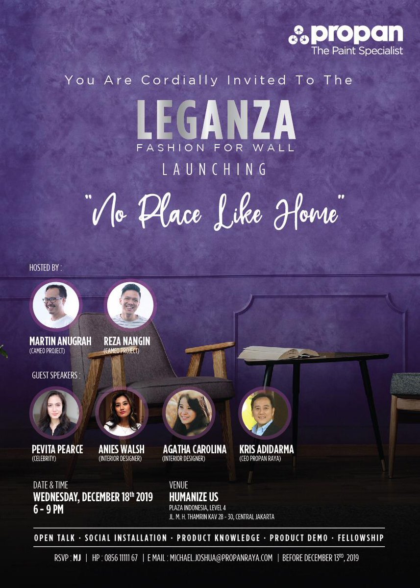 SonoraFM92's tweet photo. @propanraya present:
LEGANZA Fashion For Wall Launching "No Place Like Home "
Wednesday, December 18th 2019
6-9 PM
at #HumanizeUs Plaza Indonesia
Guest Speaker:
Pevita Pearce - Anies Walsh - Agatha Carolina - Kris Adidarma
Host:
Reza Mangin & Martin Anugrah
(Cameo Project ) https://t.co/oWzzecRNY3