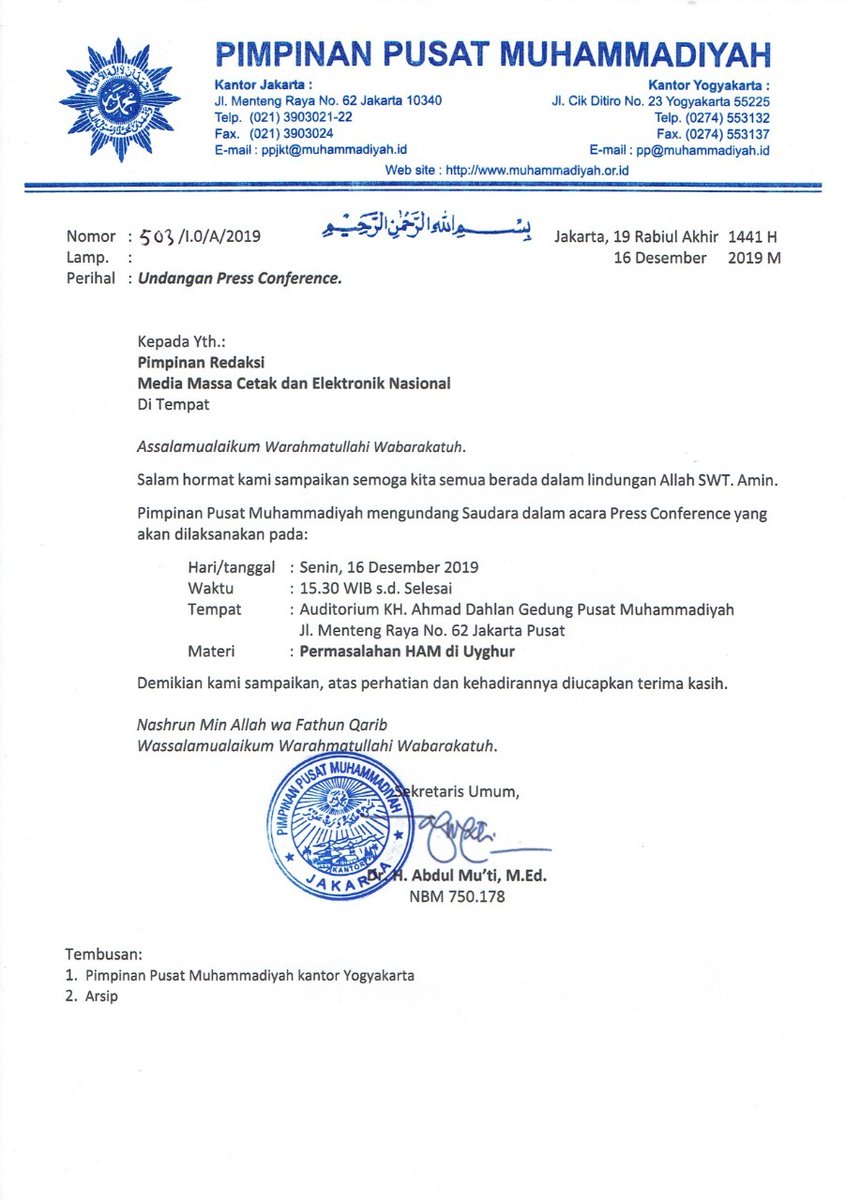 Undangan Press Conference Pimpinan Pusat Muhammadiyah Kepada Media Massa Cetak dan Elektronik Nasional Dengan Materi Permasalahan HAM di Uyghur. 
Senin, 16 Desember 2019, Pukul 15.30 WIB, Gedung Pusat Dakwah Muhammadiyah, Jl. Menteng Raya No 62, Jakarta Pusat.