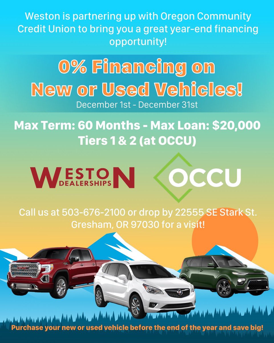 0% up to $20,000 on a new or used vehicle until 12/31/19 (on approved credit). That’s crazy!!!
#WestonKIA
22555 SE Stark St 
#Gresham #Portland #PDX #PNW
#KIA #Buick #GMC 
#NewVehicle #UsedVehicle 
#NewCar #UsedCar #Car #SUV #Truck
