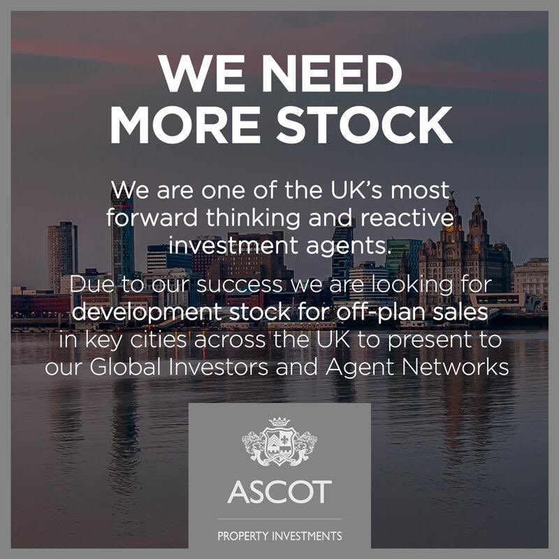 Developers, we can help you sell multiple units and full developments quickly. Partner with one of the UK’s leading investment agents. Please contact info@ascotpropertyinvestments.com for more information.
#Liverpool #Manchester #Birmingham #London #Newcastle