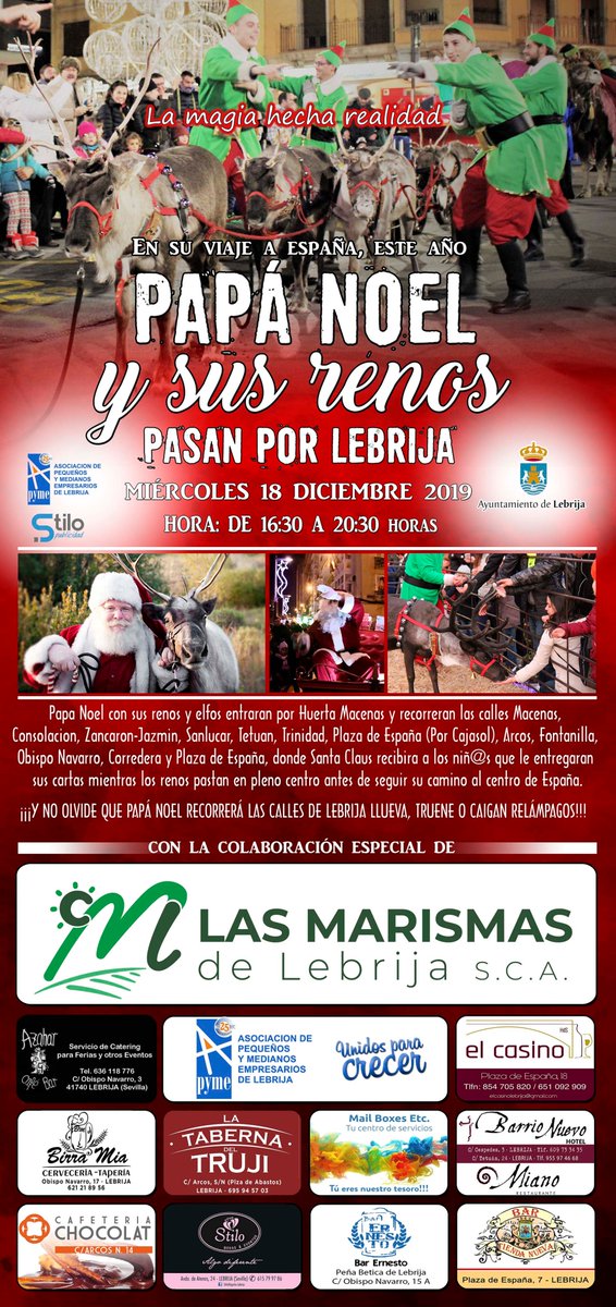 Tic, Tac, Tic, Tac ⏳, se acerca un día mágico para los niños y niñas de la ciudad de Lebrija.

Una fecha imposible de olvidar, Miércoles 18 de Diciembre, Papa Noel llegará acompañado de sus Elfos y Renos, para llenar de ilusión las calles de Lebrija.

NO TE LO PUEDES PERDER!!