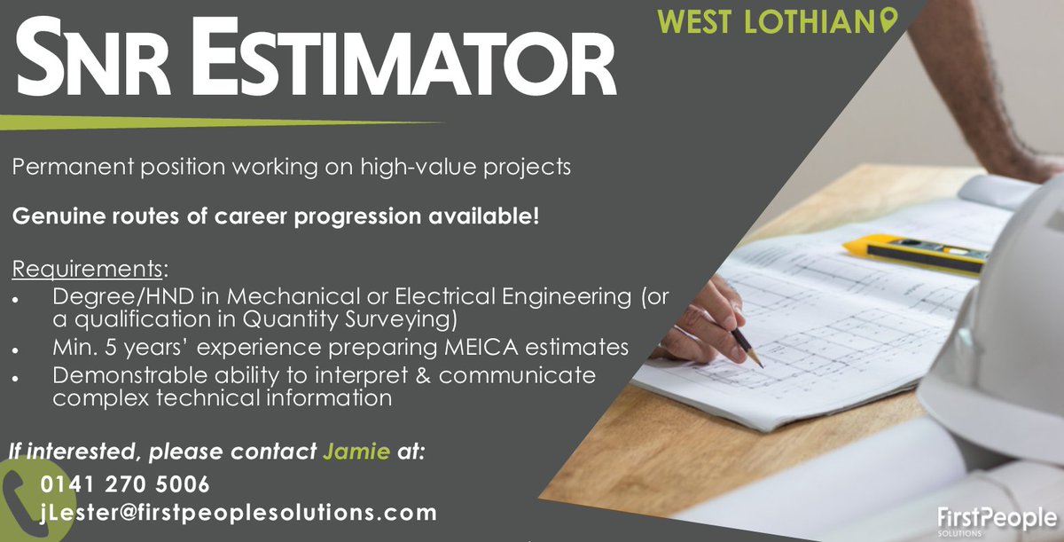 FPSrecruitment's tweet image. We are seeking a Senior Estimator in West Lothian for a permanent position.  Genuine career progression available with this established M&amp;amp;E / Construction client.  Find out more + apply: firstpeoplesolutions.com/jobs/senior-es…👍

#estimator #seniorestimator #mechanicalengineering #construction