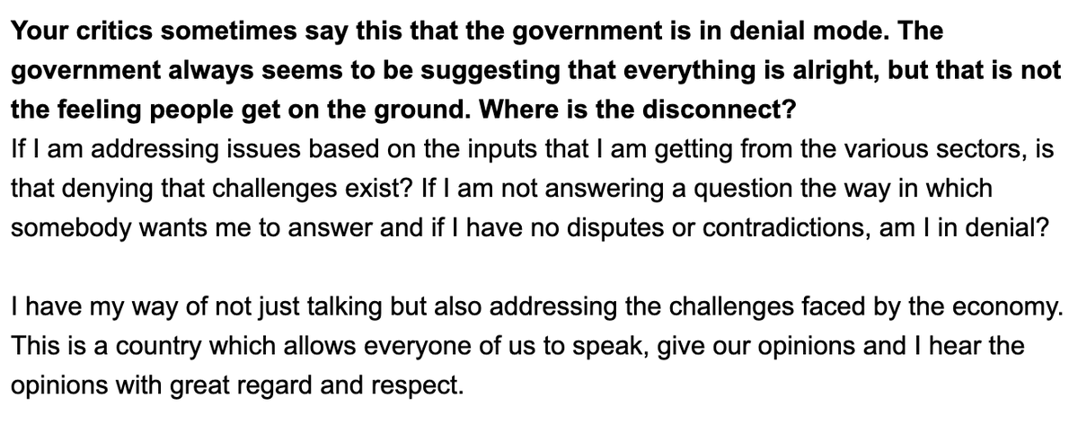 RohanV's tweet photo. "If I am addressing issues based on the inputs that I am getting from the various sectors, is that denying that challenges exist?" 
https://t.co/qb2GOuejSf https://t.co/PvfUe640A6