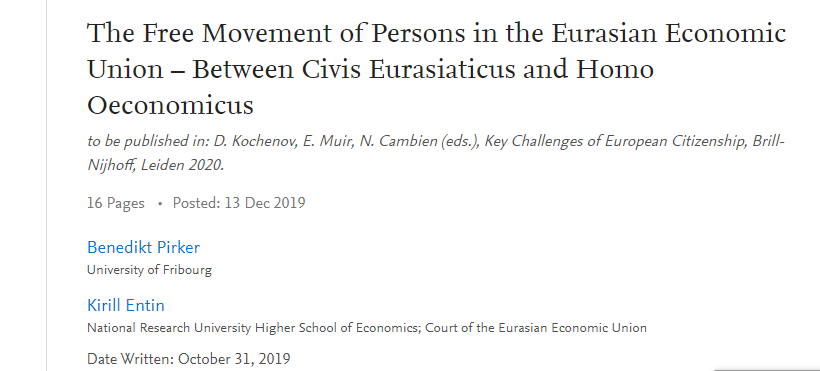PirkerBenedikt's tweet photo. New book chapter forthcoming with Kirill Entin on #EAEUlaw and #Eurasianintegration : The Free Movement of Persons in the Eurasian Economic Union – Between Civis Eurasiaticus and Homo Oeconomicus. Draft version already available on SSRN. https://t.co/wXaJtscKK7 https://t.co/OcndkCFl4D