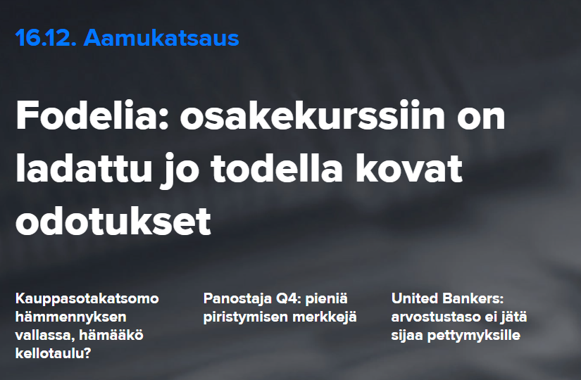 Inderes's tweet photo. Hyvää huomenta! ☕️Tänään aamukatsauksen päivityksissä #Fodelia, #Piippo ja #UnitedBankers. Lisäksi #Panostaja Q4-tulos ja #Kesko:n myyntilukuja. https://t.co/z8cPYNPZxG https://t.co/7T3IKrwSQy