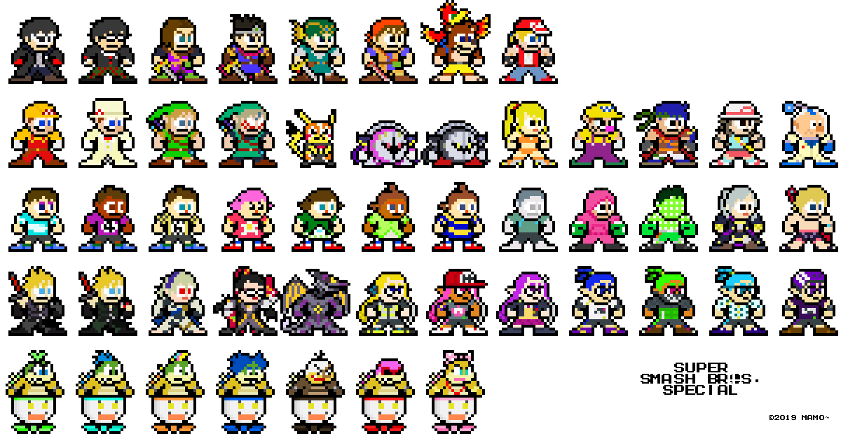 まも Sur Twitter ロックマン風ドット絵 過去分にdlcキャラと カラーチェンジで様変わりするキャラを追加してみました 前回のツイート及び発売1周年からは幾分過ぎてしまいましたが 今後も追加キャラが楽しみです スマブラsp Ssbu T Co Kvfcnz9jlj